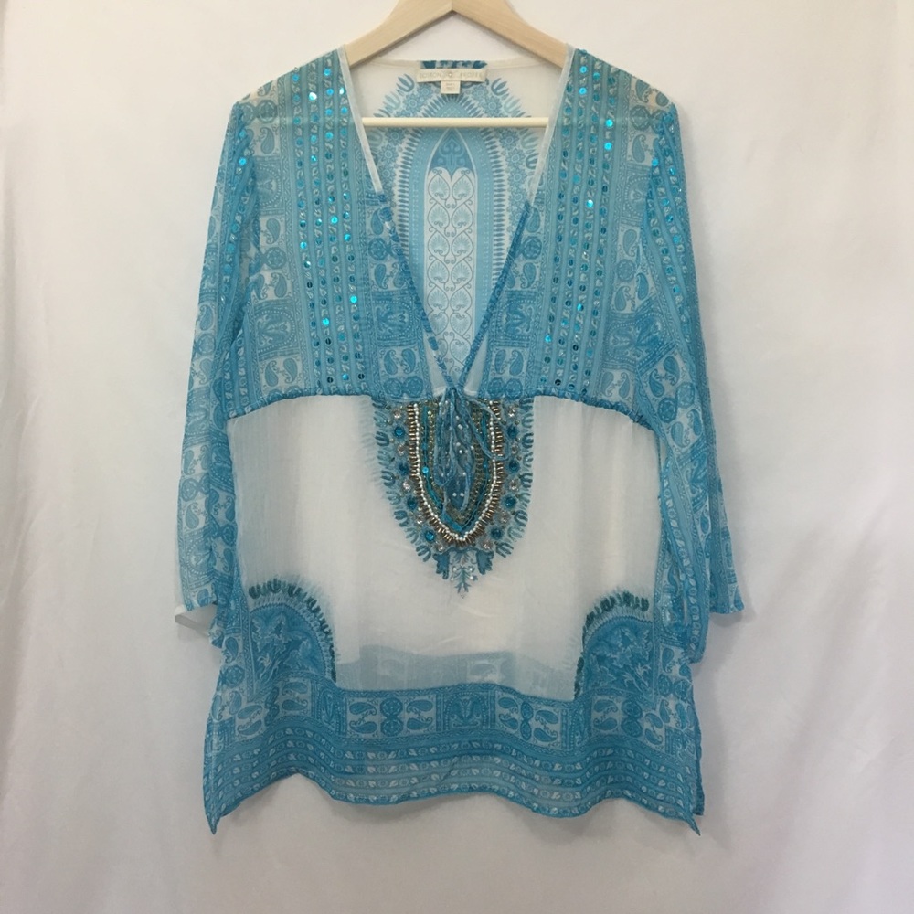 Boston Proper sheer beaded tunic blue and white lg